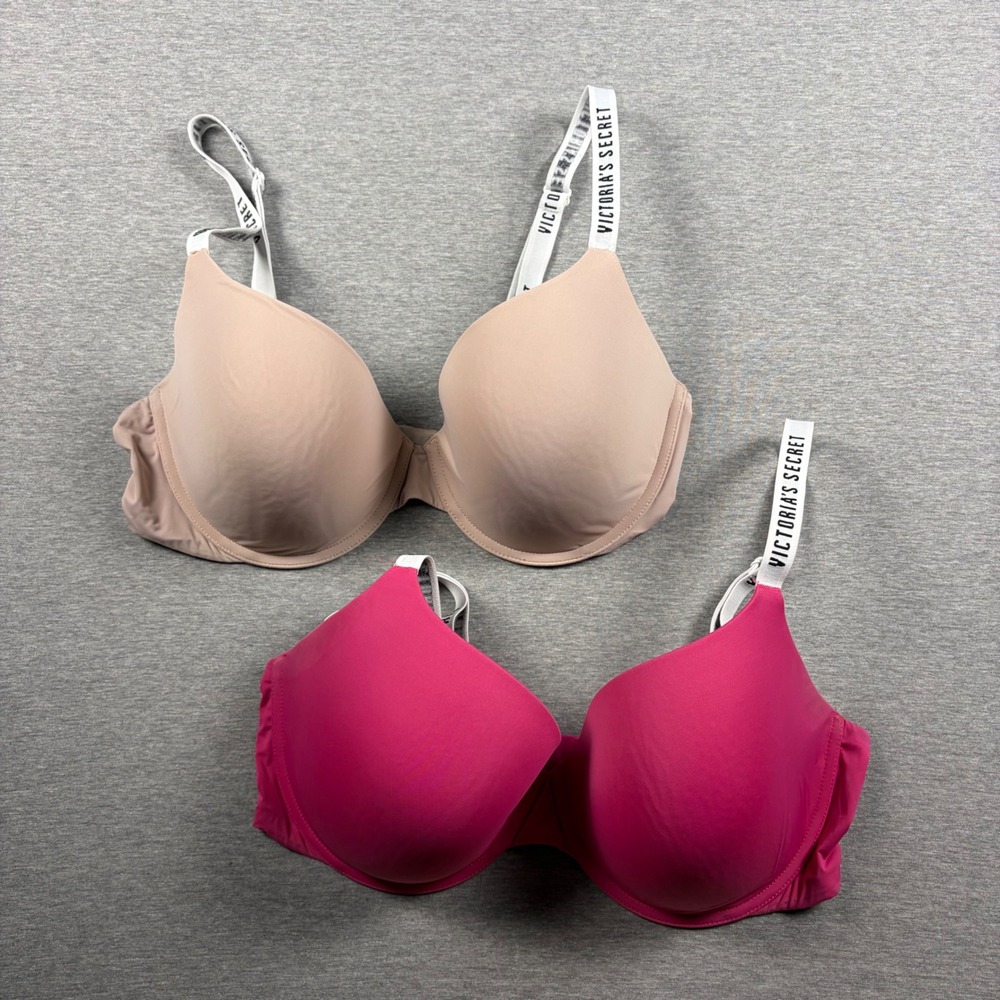 Victoria Secret Bra Lot 36DDD Logo Strap T-Shirt Underwire Pink Beige 2pk